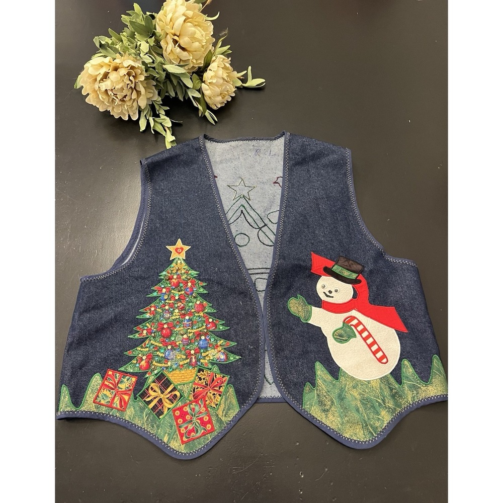 Handmade VTG UGLY Sweater Christmas Open Front Denim Vest O/S Push Button Song